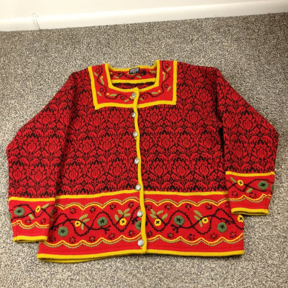 Vrikke Sweater Nordic Cardigan Fair Isle Embroidered Wool Floral Womens Medium